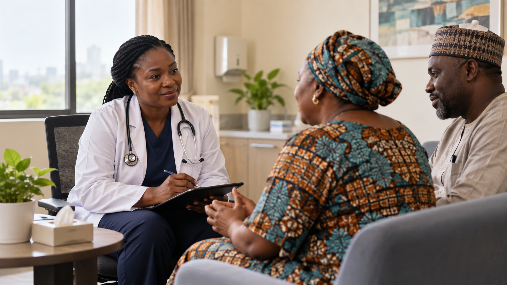 Clinician listening to a patient and family member